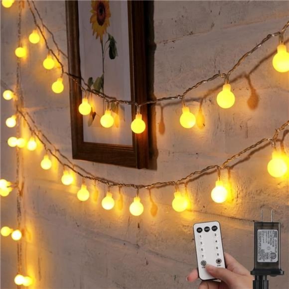 Globe String Lights, 33 Feet 100 Led Fairy Lights Plug in, 8 Modes with Remote - Picture 3 of 7